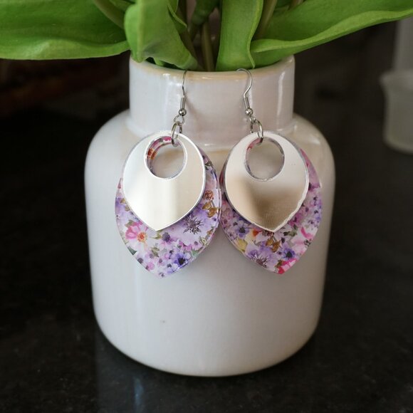 Layered Floral Acrylic Earrings – Mirrored Top Dangle Earrings – Statement - Picture 9 of 11